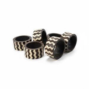 VTG tableware Set of 6 Vintage Hand Carved Inlaid Bone Wood Napkin Rings jungle